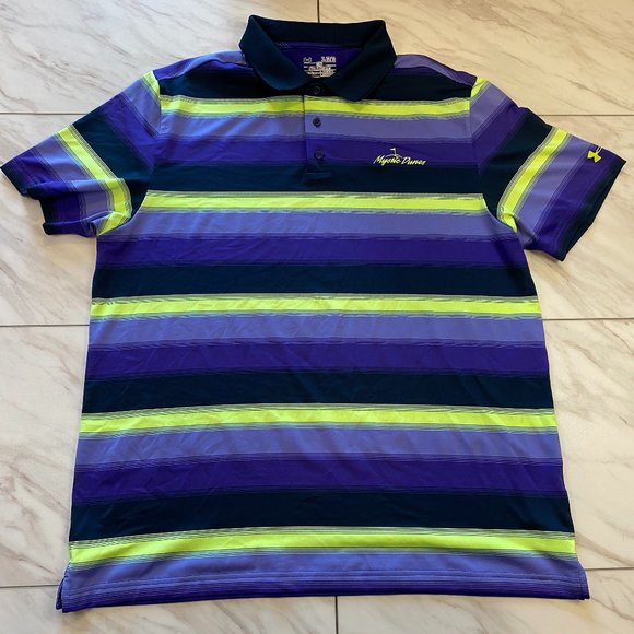 Under Armour Heat Gear Golf Polo Mystic Dunes Purple Green Blue Stripes XL - Picture 2 of 6